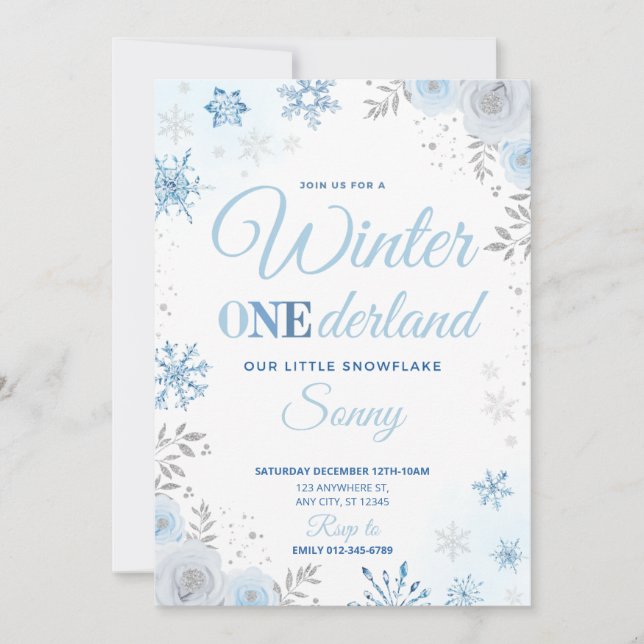 Invitación de invierno Onederland Blue Snowflake 1 (Anverso)