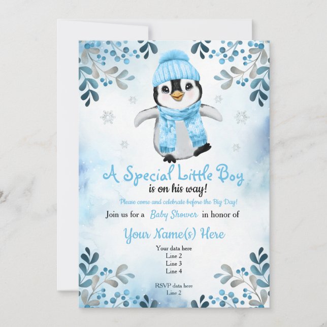 Invitación de invierno Penguin Shower Nieve azul (Anverso)
