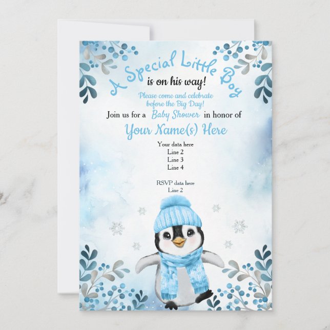 Invitación de invierno Penguin Shower Nieve azul (Anverso)