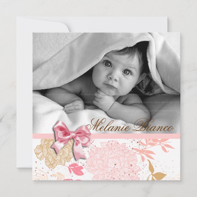 Invitación de invitación a bebé Bow blanco rosado (Anverso)