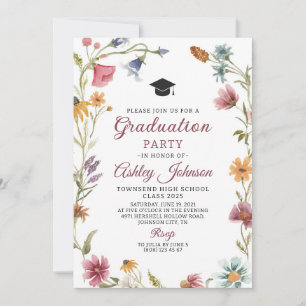 Invitación de invitación a graduación roja de flor