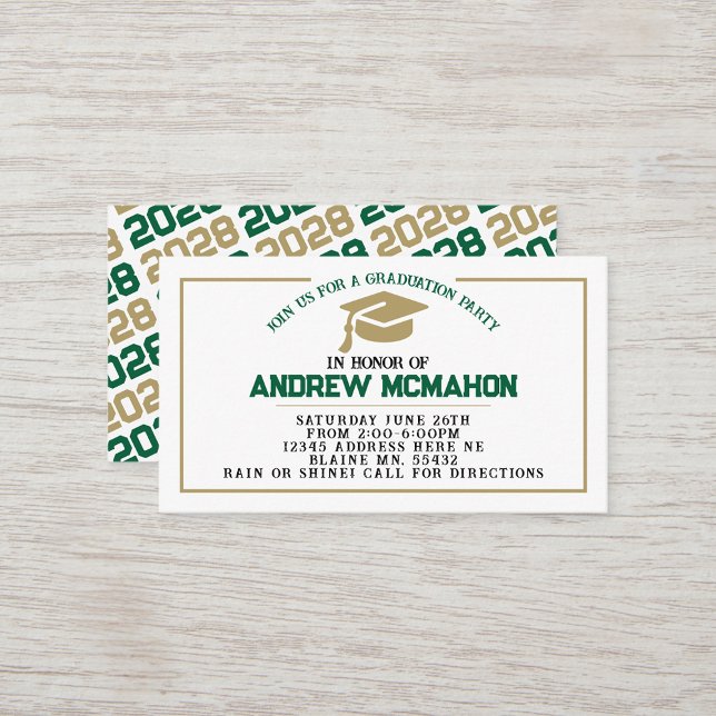 Invitación de invitación a graduación verde y de o (Green, White & Bronze Gold Mini Graduation Invites for Friends, Team Mates or as Inserts!)