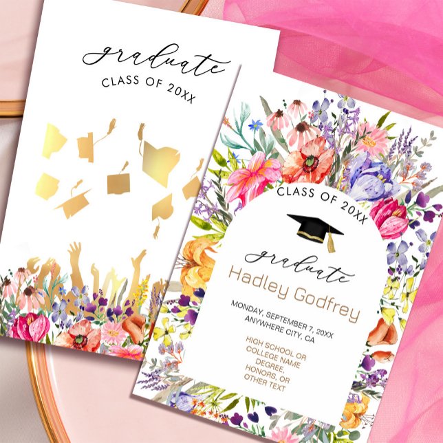 Invitación de invitación a la primavera de flores  (Pretty Wildflower Spring Invitation Announcement #goldgraduationhat #springbloom #brightfloral)