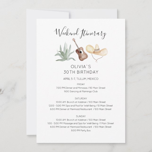 Invitación de itinerario de cumpleaños de fin de s (Anverso)