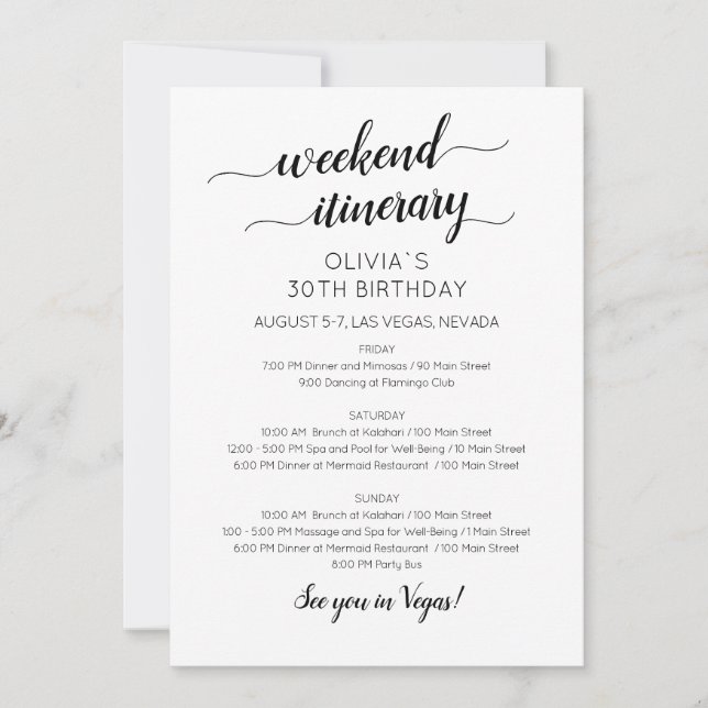 Invitación de Itinerario de Cumpleaños de Fin de S (Anverso)
