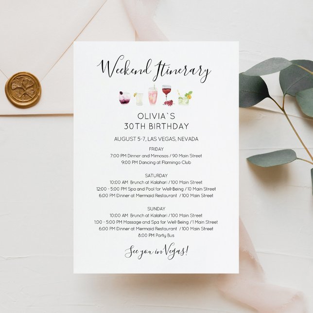 Invitación de itinerario de cumpleaños de fin de s (Bachelorette Weekend Itinerary Invitation Card)