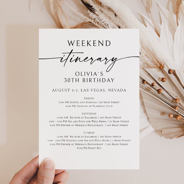 Invitación de Itinerario de Cumpleaños de Fin de S (Birthday Bridal Shower Weekend Itinerary Card)