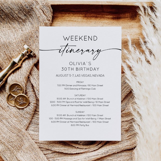 Invitación de Itinerario de Cumpleaños de Fin de S (Birthday Bridal Shower Weekend Itinerary Card)