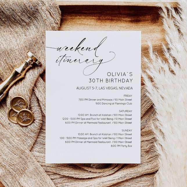 Invitación de Itinerario de Cumpleaños de Fin de S (Birthday Bridal Shower Weekend Itinerary Card)