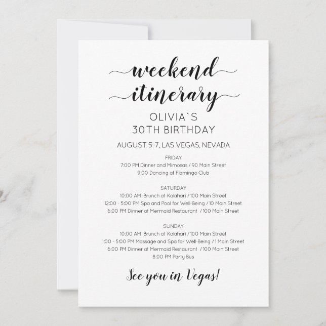 Invitación de Itinerario de Cumpleaños de Fin de S (Anverso)