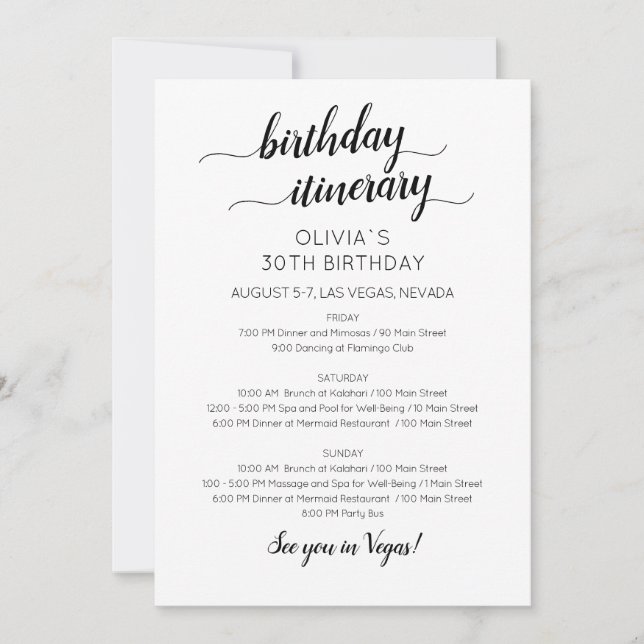 Invitación de Itinerario de Cumpleaños Minimalista (Anverso)