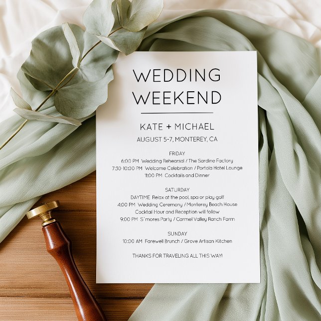 Invitación de Itinerario de Fin de Semana de Boda  (Minimalist Black and White Wedding Weekend Itinerary)