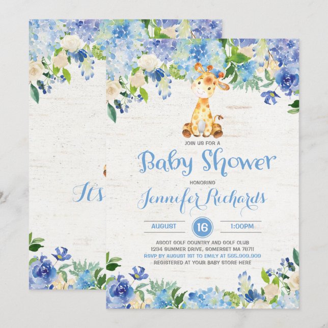 Invitación de jirafa Baby Shower ducha de chico rú (Anverso / Reverso)