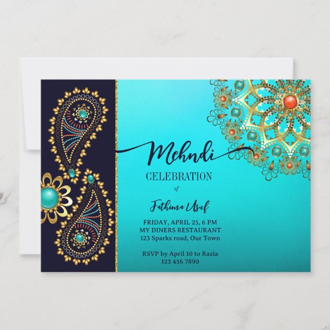Invitación de joyas de oro verde azulado azul Mehn (Anverso)