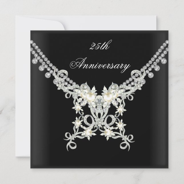 Invitación de joyas de perla plateada blanca negra (Anverso)