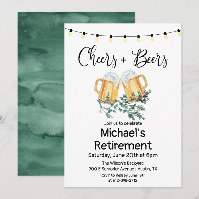 Invitación de jubilación Cheers and Beers (Anverso / Reverso)