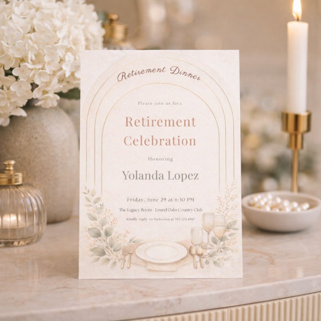 Invitación de jubilación con arco rosado (Blush arch with soft botanicals for a refined retirement dinner gathering)