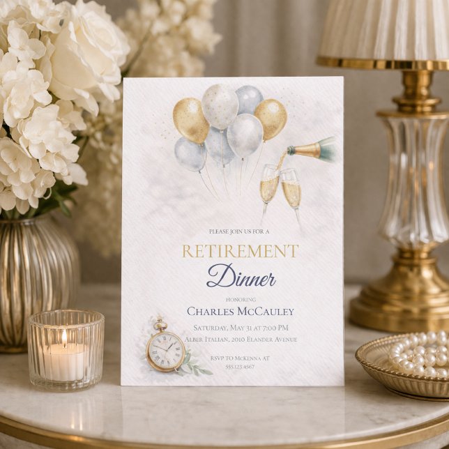Invitación de jubilación con globo dorado (Gold balloon and champagne detail for a refined retirement dinner celebration)