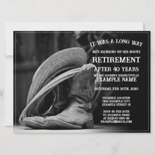 Invitación de jubilación con gorra de vaquero y bo