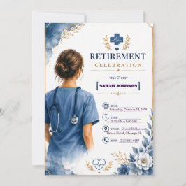 Invitación de jubilación de enfermera floral azul