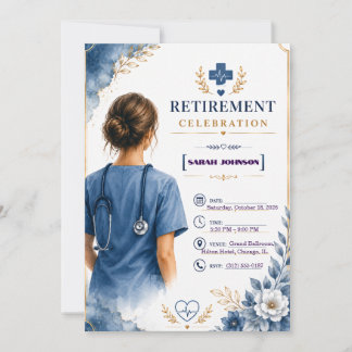 Invitación de jubilación de enfermera floral azul