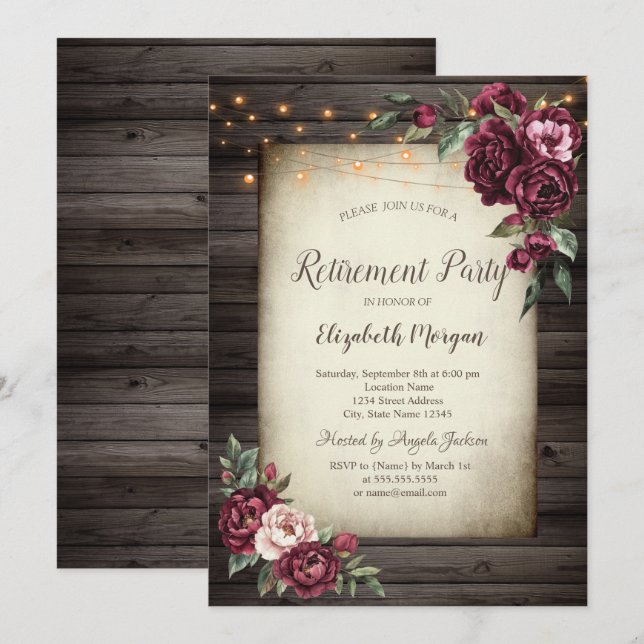 Invitación de jubilación de flores de Borgoña y ma (Anverso / Reverso)