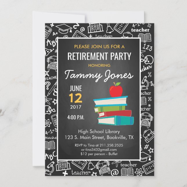 Invitación de jubilación de maestro en pizarra neg (Anverso)