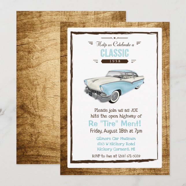 Invitación de jubilación retro de coche clásico (Anverso / Reverso)