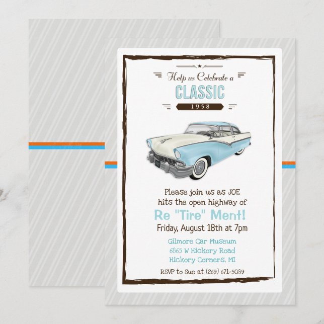 Invitación de jubilación retro de coche clásico (Anverso / Reverso)