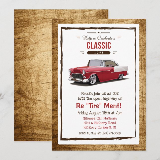 Invitación de jubilación retro de coche clásico (Anverso / Reverso)