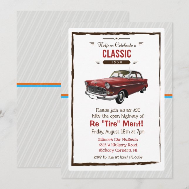 Invitación de jubilación retro de coche clásico (Anverso / Reverso)