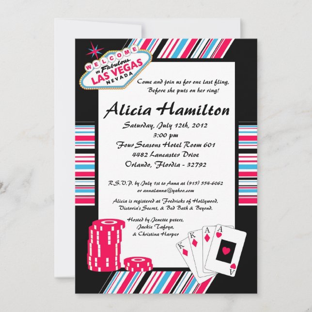 Invitación de la Bachelorette de Las Vegas 5x7 ros (Anverso)