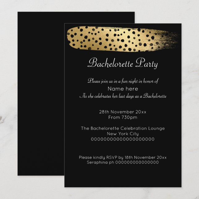INVITACIÓN DE LA BACHELORETTE DE LEOPARD NEGRO ORO (Anverso / Reverso)