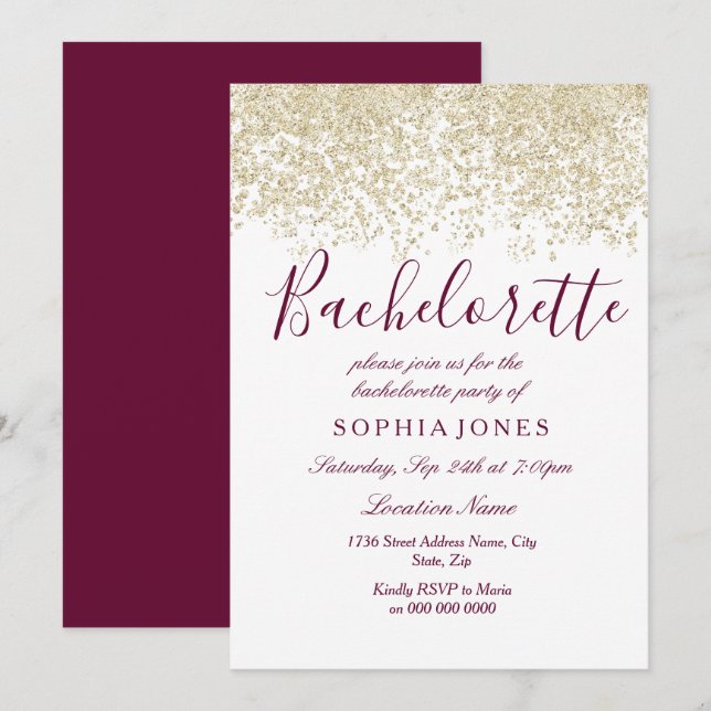 Invitación de la Bachelorette Party Gold Purpurina (Anverso / Reverso)