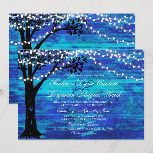 Invitación de la Boda Azul de Oak Tree de la caden (Anverso / Reverso)
