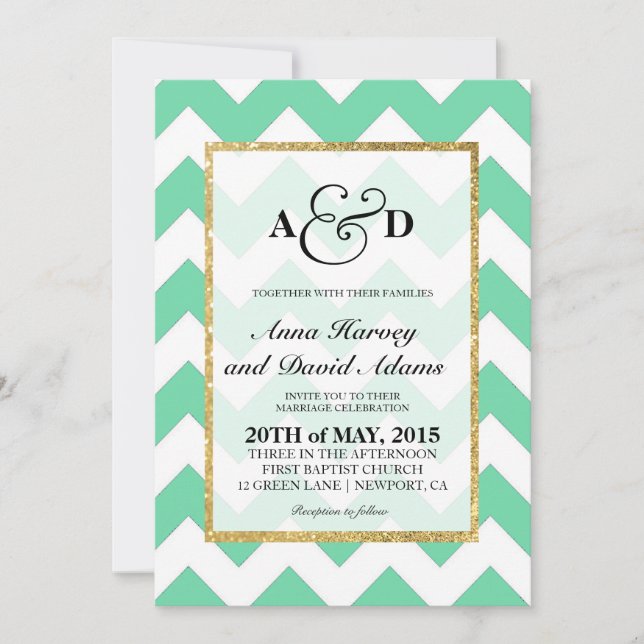 Invitación de la boda de Chevron de la verde menta (Anverso)