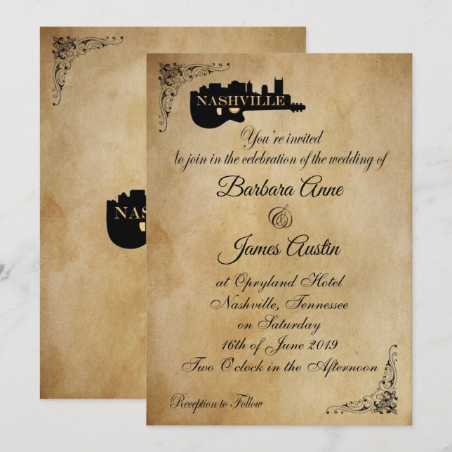 Invitación de la boda de la guitarra de Nashville (Anverso / Reverso)