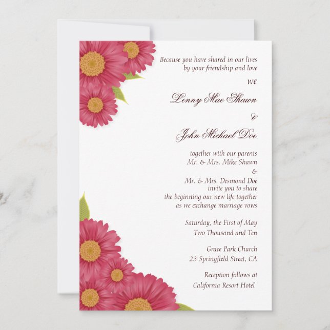 Invitación de la boda de la margarita del Gerbera (Anverso)
