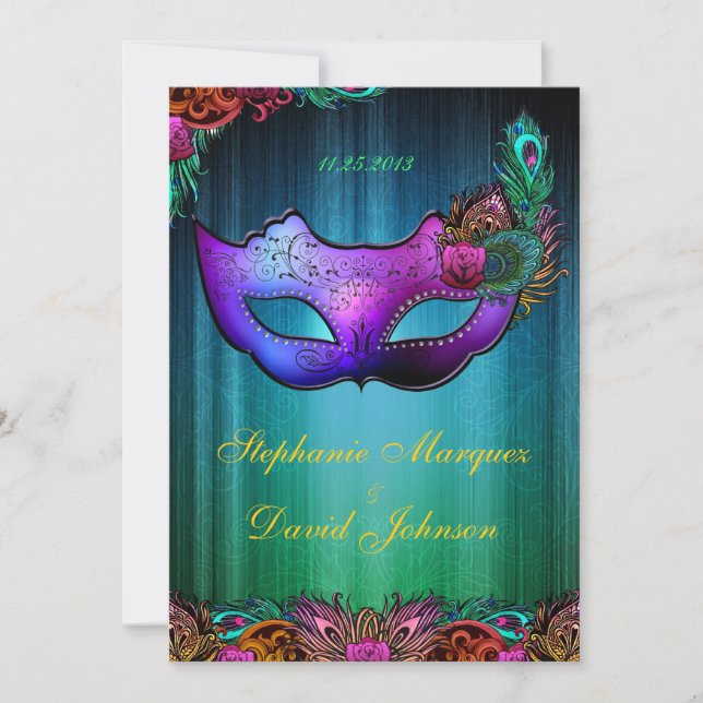 Invitación de la boda de la máscara del pavo real (Anverso)