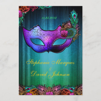 Invitación de la boda de la máscara del pavo real