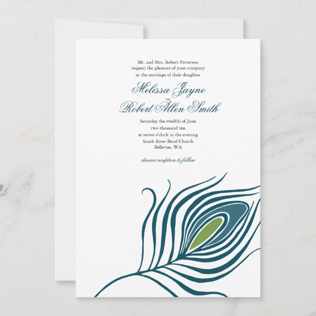 Invitación de la boda de la pluma del pavo real (Anverso)