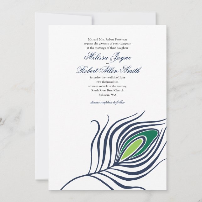 Invitación de la boda de la pluma del pavo real (Anverso)