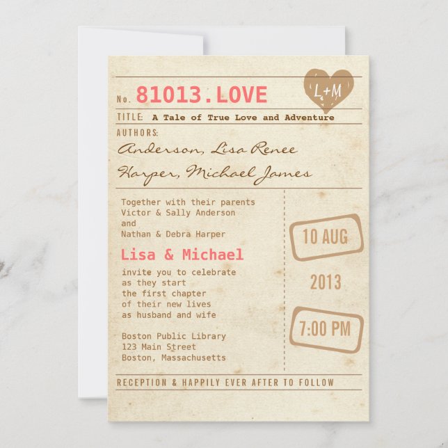 Invitación de la boda de la tarjeta de biblioteca (Anverso)