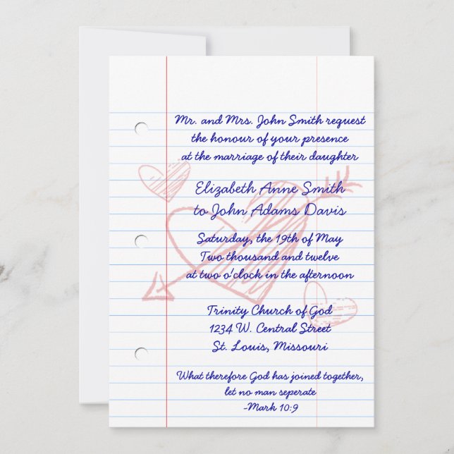 Invitación de la boda de papel del cuaderno de las (Anverso)