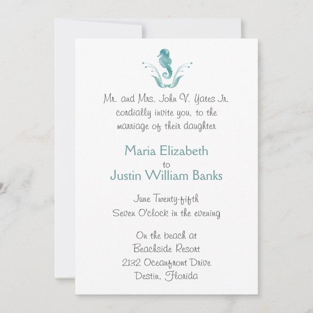 Invitación de la boda de playa del caballo de mar (Anverso)