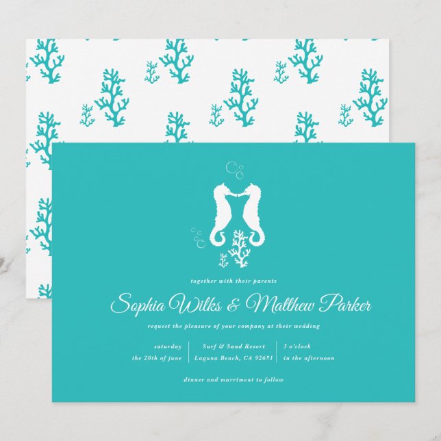 Invitación de la boda de playa del Seahorse de la (Anverso / Reverso)
