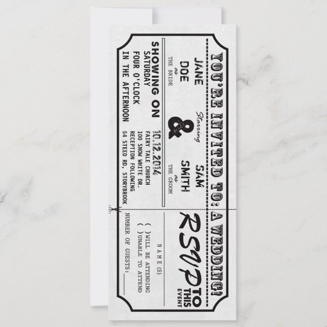 Invitación de la boda del boleto de la película (Anverso)