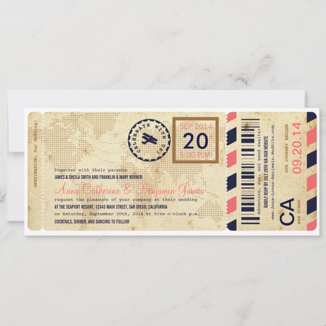 Invitación de la boda del boleto del documento de (Anverso)