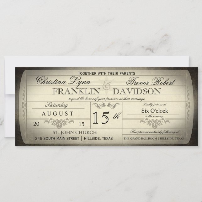 Invitación de la boda del boleto del vintage (Anverso)