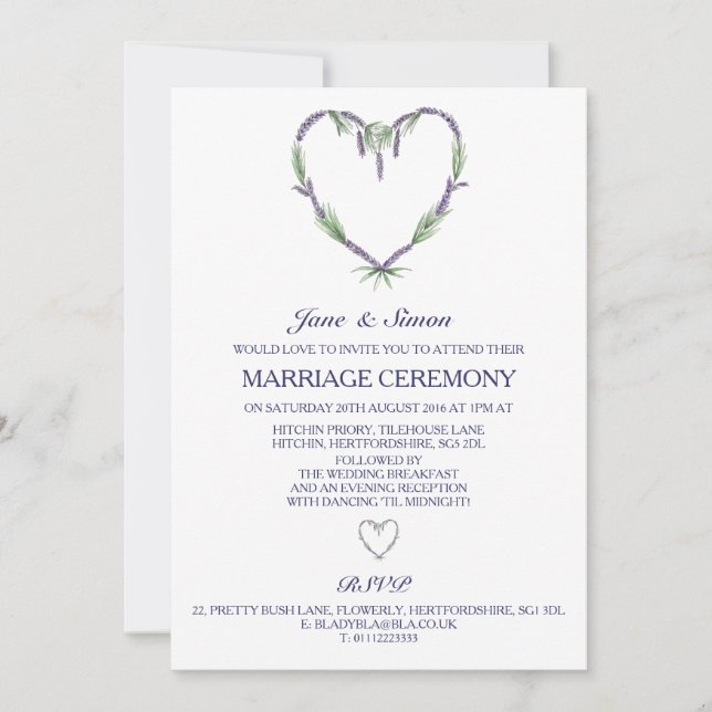 Invitación de la boda del corazón de la lavanda (Anverso)